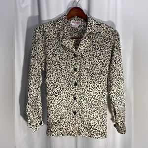 Maggy London animal print 100% silk button down w/collar size4 w/shoulder pads